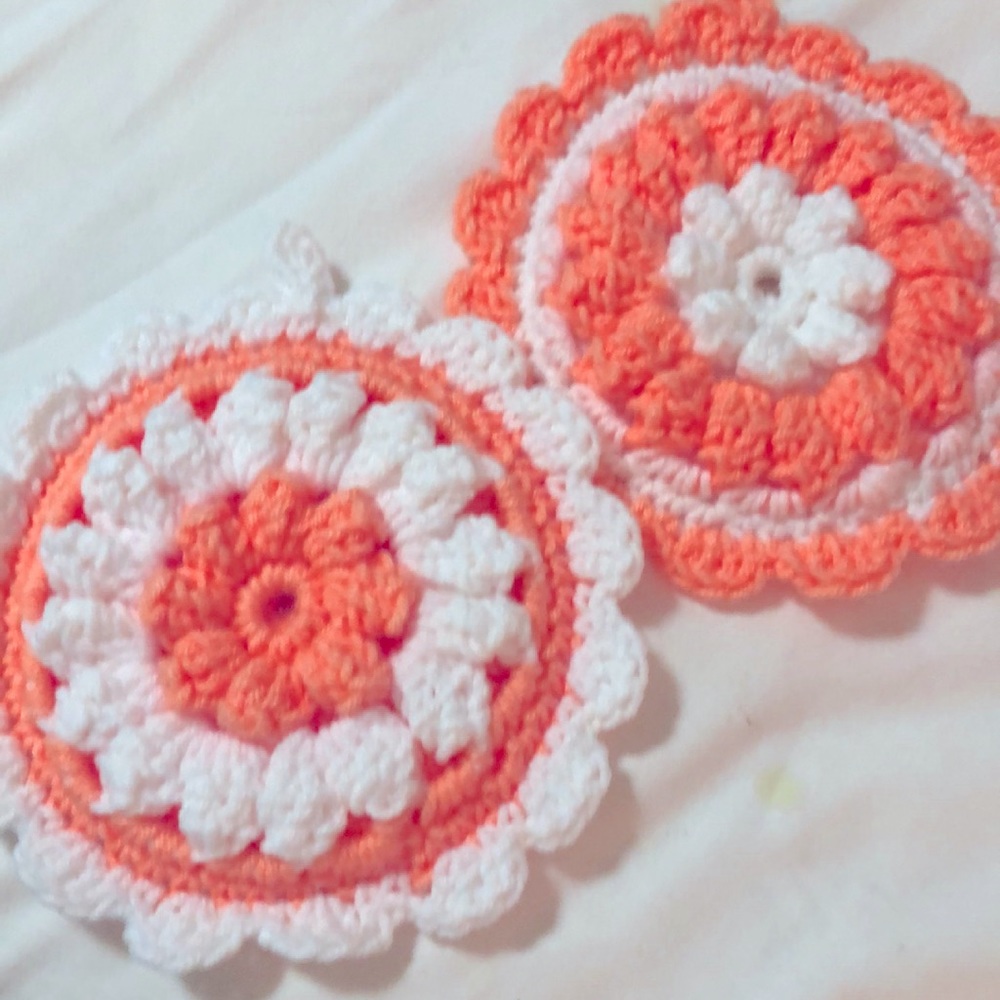 Hand Crochet Pair of Round and Puffy Potholders.